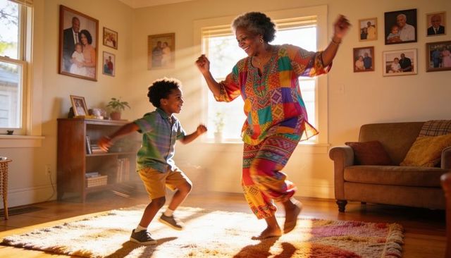 Grandmother and grandson dancing in sunlit living room wearing colorful african print outfit