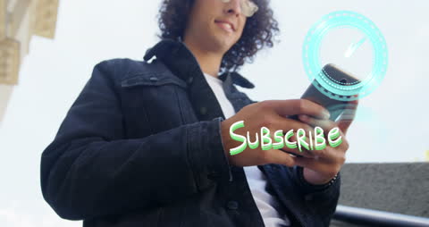 Young Professional Using Smartphone with Virtual Subscribe Notification