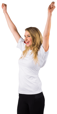 Happy Female Fan Cheering with Raised Arms on Transparent Background