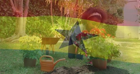 Child Engaged in Gardening with Vibrant Flowers and Tools in Backyard