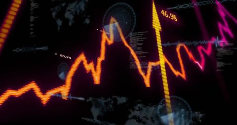 Neon market analytics hud with orange trend line and magenta waveform on world data grid