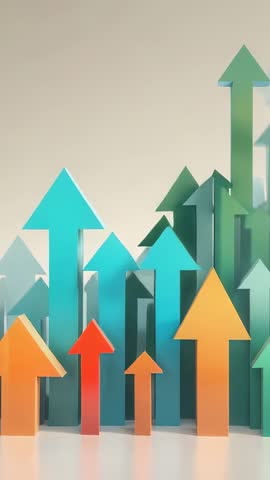 Vertical pan across 3D colorful arrows rising to represent growth, progress and innovation
