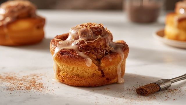 Dripping glaze cinnamon roll showing spirals on marble countertop with pastry brush