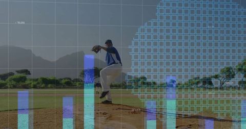 Baseball player pitching with data analysis overlay