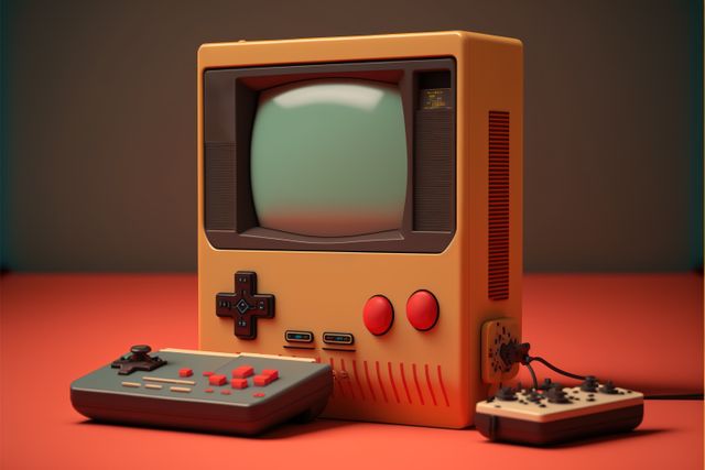 Retro gaming console and pads on orange background, created using generative ai technology. Retro video game and home entertainment concept digitally generated image.
