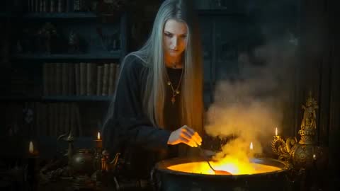 Woman Creating Mystic Elixir in Magical Chamber