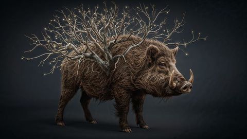 This imaginative scene depicts a wild boar seamlessly merging into twisting branches adorned with gentle lights, evoking a sense of wonder and fantasy. The rich textures and mystical lighting create a captivating atmosphere, making it ideal for fantasy story illustrations, art prints, or themed events. Perfect for those seeking unique imagery combining elements of nature and the surreal.