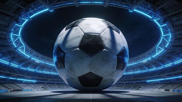 Oversized soccer ball dominating neon-lit stadium nightscape, futuristic sports concept