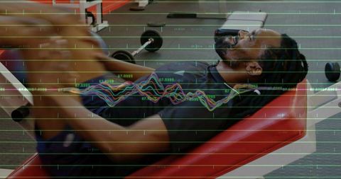 Data-driven strength: braided athlete performing bench press with waveform performance overlay