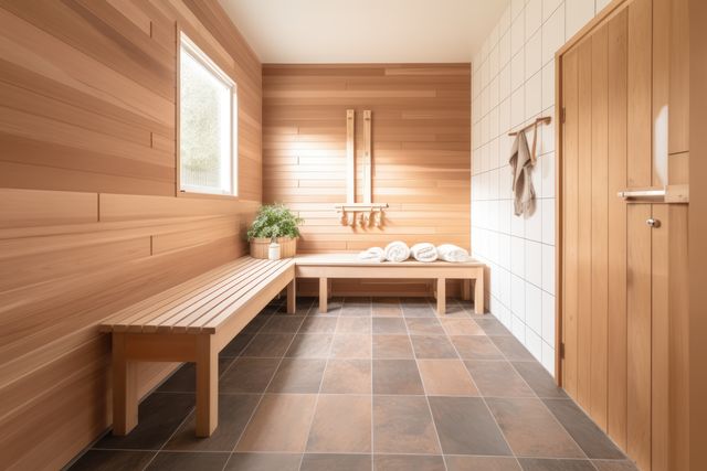 Modern minimalist sauna room featuring wooden benches, neatly folded towels, and natural wood paneling. Soft natural light from window enhances serene atmosphere, making it ideal for concepts like relaxation, wellness, and interior design inspiration. Perfect for promotional material in hospitality, spa services, and lifestyle publications.