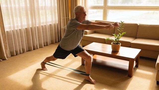 Senior man performing resistance band lunge in sunlit living room for balance and leg strength