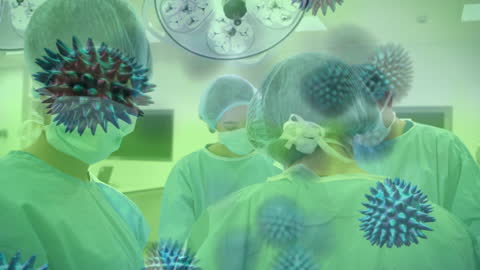 Surgeons Operating as COVID-19 Cells Overlay Conceptual Image