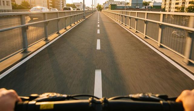 Pedaling through urban bridge bike lane at golden hour, hands on handlebars perspective