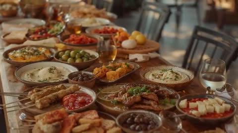 Revealing long rustic table of Mediterranean mezze with grilled meat and small plates