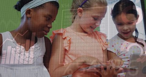 Three schoolgirls collaborating on tablet with binary code overlays for digital learning