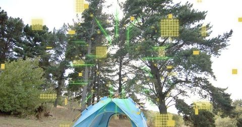 Blue dome tent sitting in pine forest with augmented reality overlays for outdoor tech