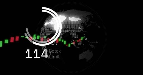 Digital stock trading interface with world map visualization