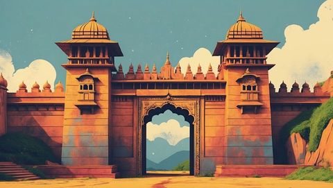 Majestic Sandstone Fortress Entrance with Battlements