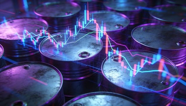 Displaying oil price volatility on metal barrels with neon candlestick charts
