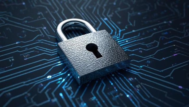 Cybersecurity Concept: Metallic Padlock on Digital Circuit Board