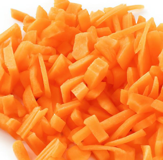 Close up of multiple chopped carrot pieces on white background. Food preparation, health and raw ingredients.