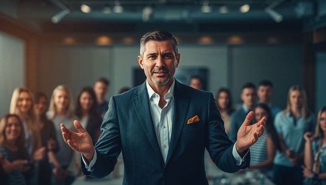 Confident Leader Presenting to Diverse Team in Modern Office
