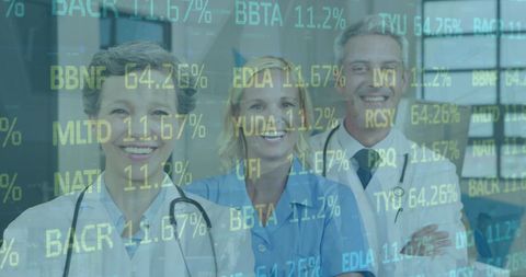 Smiling doctors with financial data, economics in medicine concept
