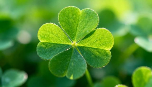 Backlit Four-Leaf Clover Catching Sunlight Close-Up with Translucent Veins and Soft Bokeh
