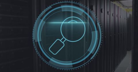 Magnifying Glass Scanning in Tech Server Room Background