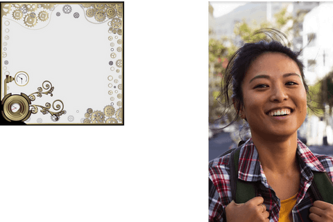 Smiling woman with green backpack and steampunk frame transparent urban style