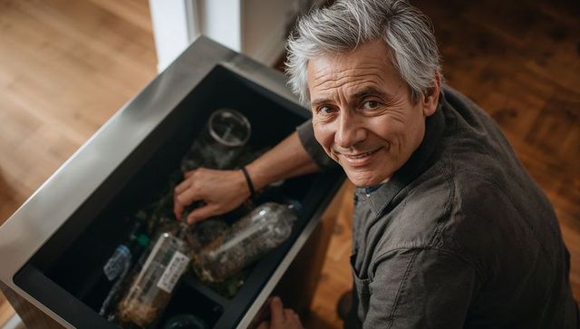 Smiling gray-haired man sorting recyclables in modern kitchen pull-out bin cabinet