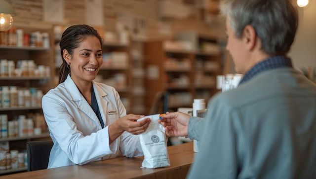 Smiling pharmacist handing prescription bag and pill over wooden counter at local pharmacy