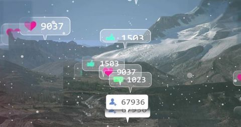 Augmented Social Reactions Floating Over Alpine Glacier Valley Showing Likes and Followers