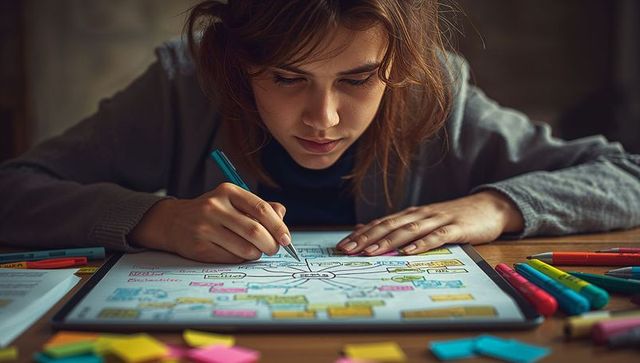 Focused Woman Creating Mind Map with Markers on Tablet in Study Environment