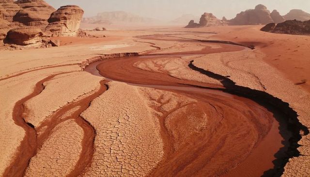 Braided dry riverbed snaking through clay desert with sandstone mesas and eroded buttes