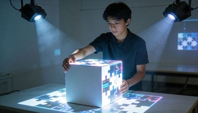 Asian teen adjusting interactive projection-mapped puzzle cube under studio lights stem demo
