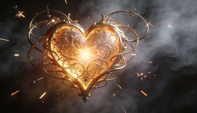 Glowing ornate gold filigree heart pendant with radiant core and spark embers