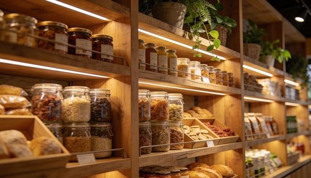 Rustic boutique grocery shelves displaying glass clip-top jars, artisanal loaves, pantry
