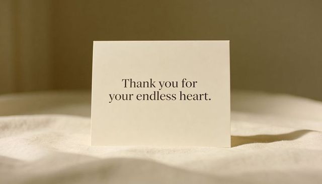 Thank you card on cozy bedspread showing 'thank you for your endless heart' message