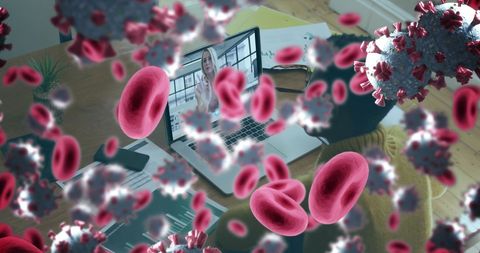 Conceptual Pandemic Imagery Over Office Scene with Laptop