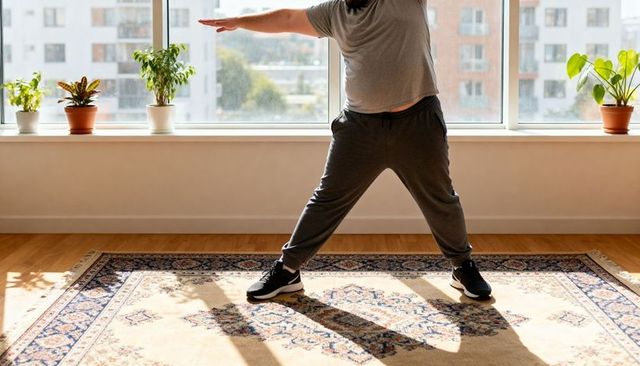 Man doing wide-leg stretch in sunlit apartment, home workout and yoga practice