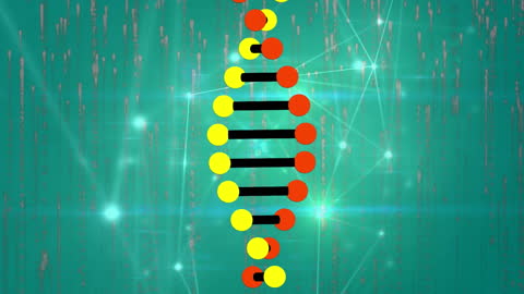 Abstract DNA Strand with Digital Connections on Green Background