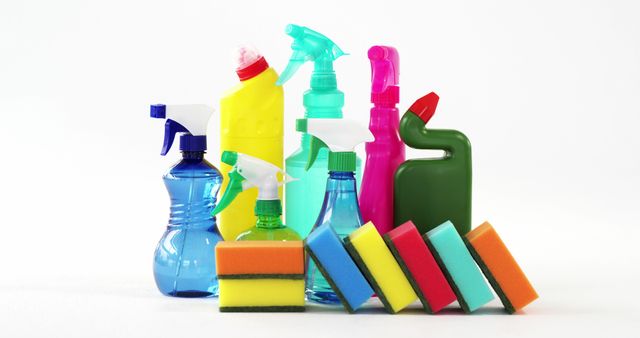 Assorted Cleaning Products with Colorful Sponges on White Background - Download Free Stock Images Pikwizard.com