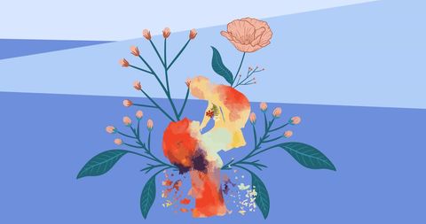 Artistic mother child mixed media with botanical background