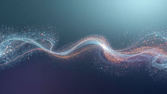 Luminous Particle Ribbon Flowing Across Gradient Canvas with Cyan and Copper Glow Abstract Motion Ba