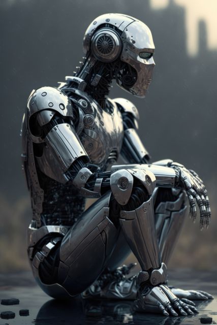 Futuristic Robot Sitting on Wet Surface Reflecting in Pensive Thought - Download Free Stock Images Pikwizard.com