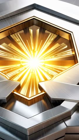 Pulsing Metallic Octagonal Emblem Radiating Golden Starburst Core | Vertical Tech Video