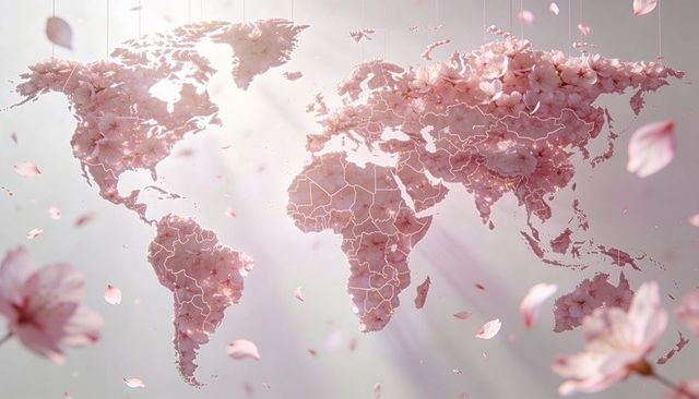 Suspended world map of pink cherry blossoms with drifting petals, pastel sculpture
