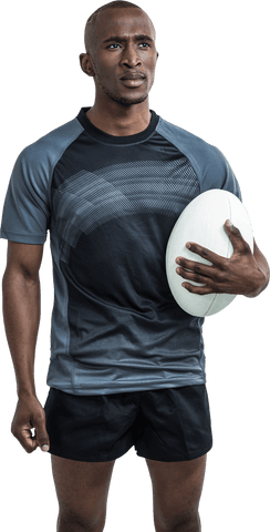 Transparent thoughtful rugby athlete holding ball