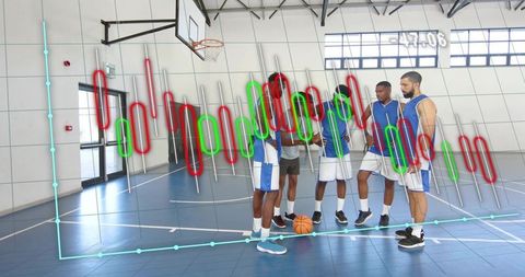 Basketball team huddling and strategizing with candlestick chart overlay on indoor court